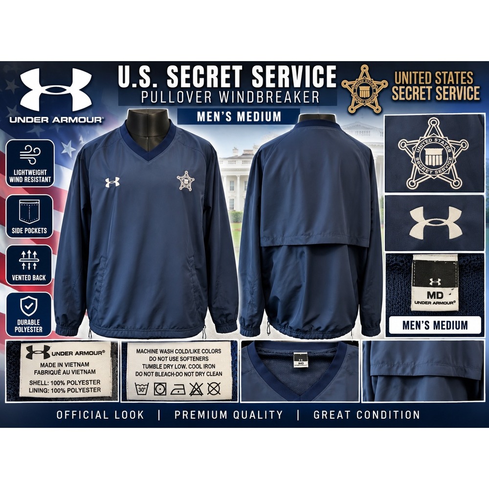 Under Armour US Secret Service Pullover Windbreaker Mens Medium Navy Blue Vented